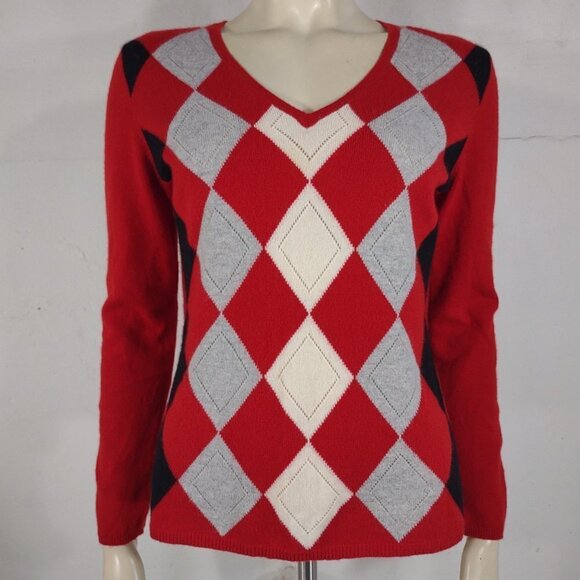 Charter Club red black gray argyle 100% Cashmere pullover sweater ladies Medium - Picture 1 of 7